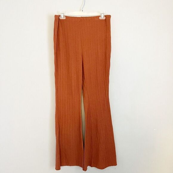 Shein Curve Womens Rust Orange Ankle Flare Pants 0XL Plus Ribbed Lined Pull On - Picture 3 of 6